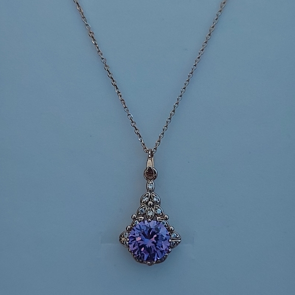 Amethyst Pendant Necklace Decorated With CZ, 23 in - Picture 1 of 7
